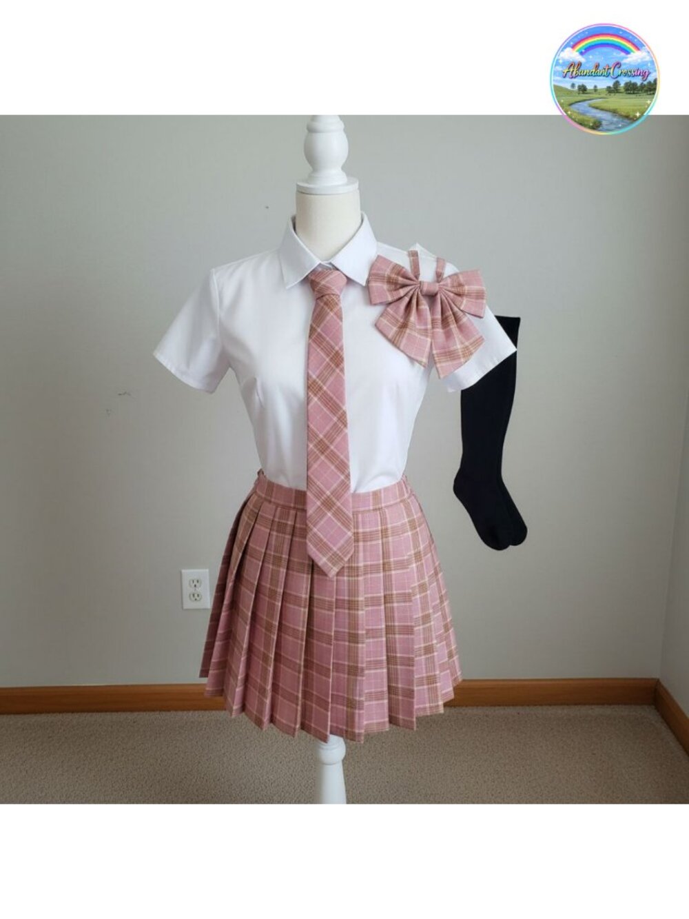 5 PCS Japanese Schoolgirl Uniform Costume Set with Plaid Bow Tie Socks